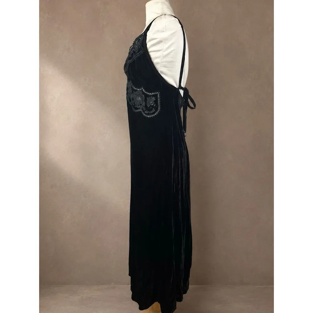 FARM Rio Size L Richelieu Velvet Slip Dress Black Embellished Midi Open Back - Picture 6 of 13